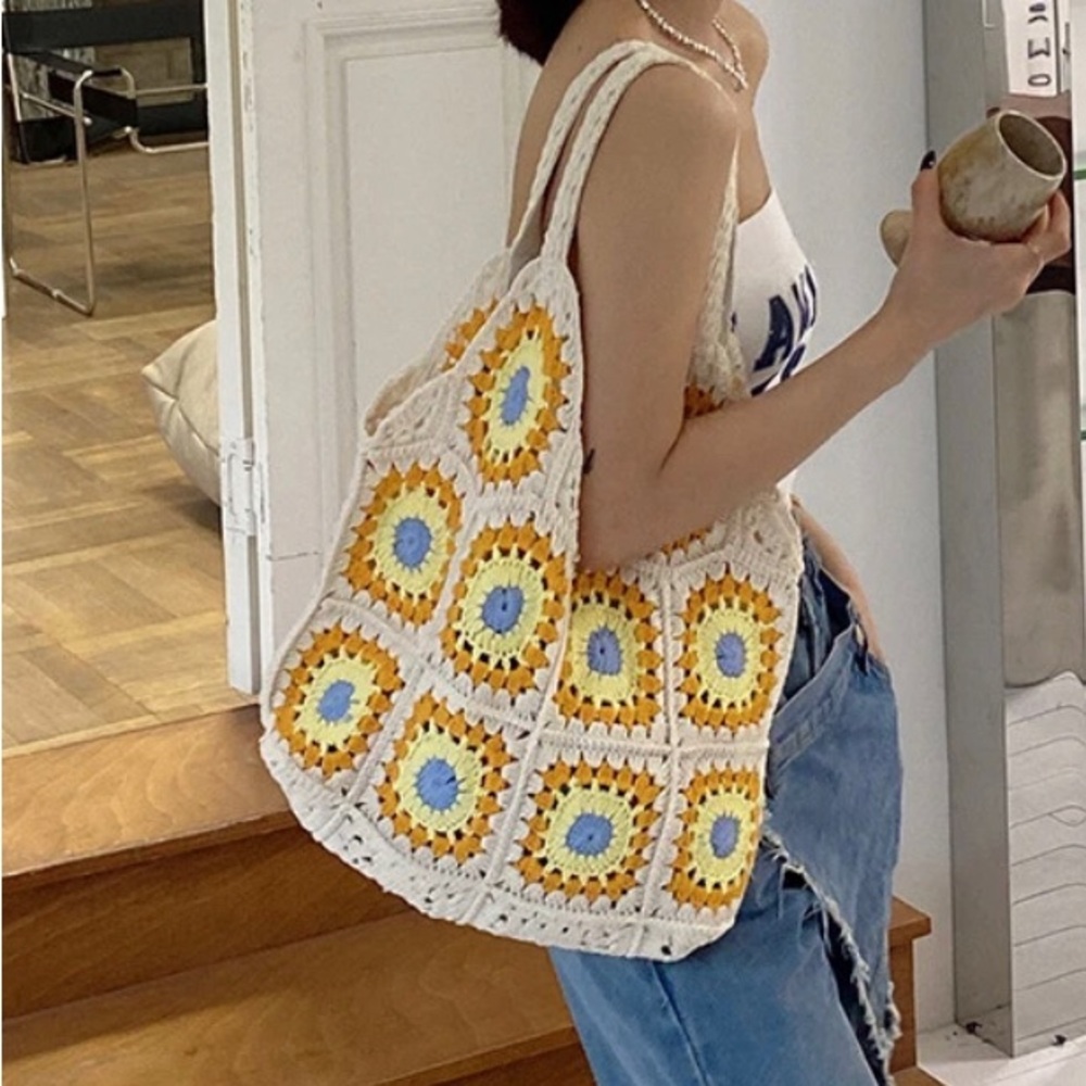 NWOT-Crochet Tote Bag - Cream, Yellow, Blue